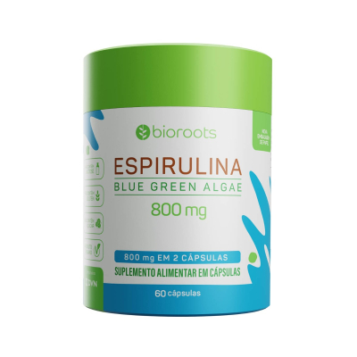 Espirulina Blue Green Algae 800mg com 60 Cápsulas - Bioroots